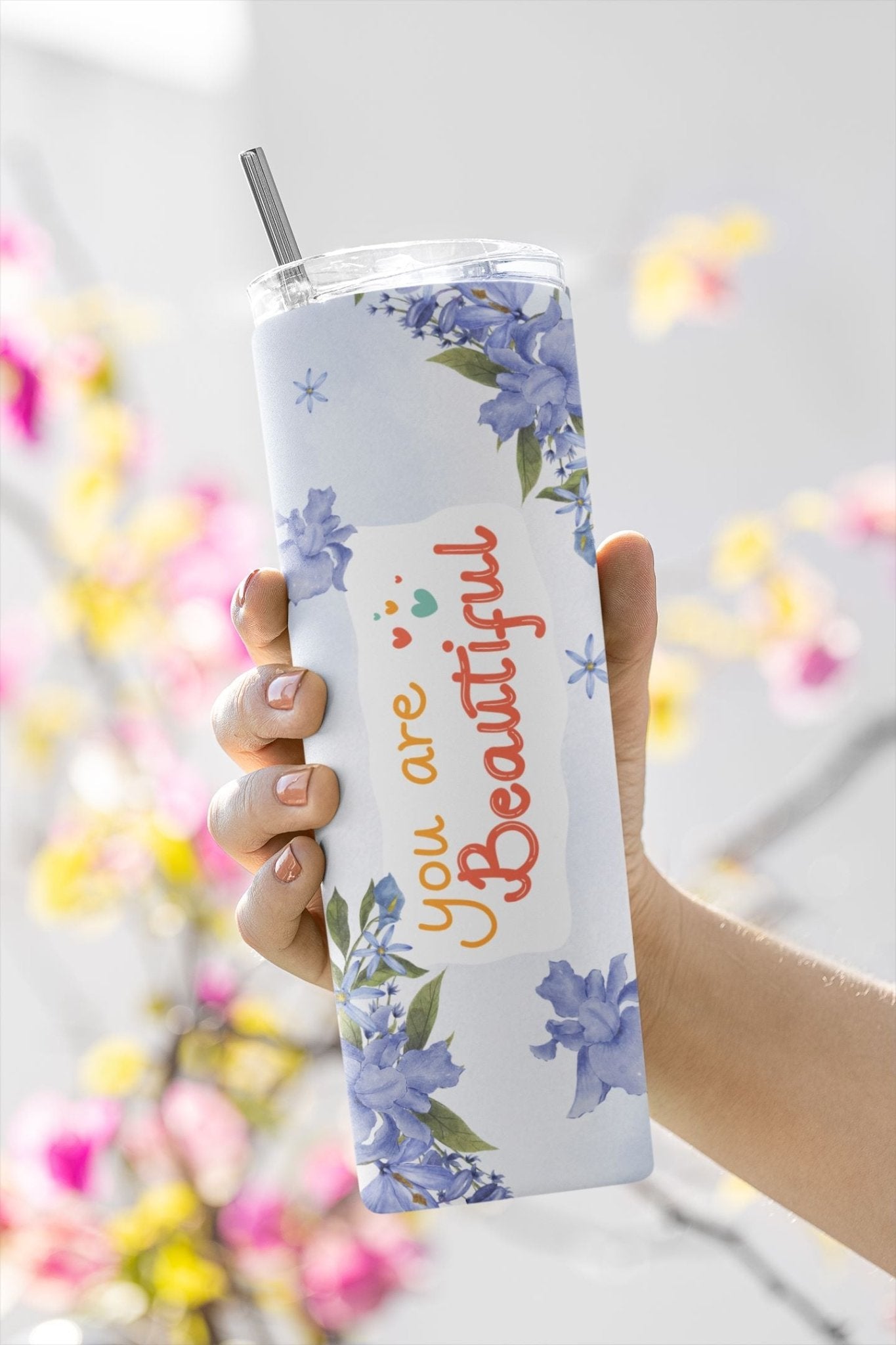 20oz Skinny Tumbler with Reusable Straw - You Are Beautiful