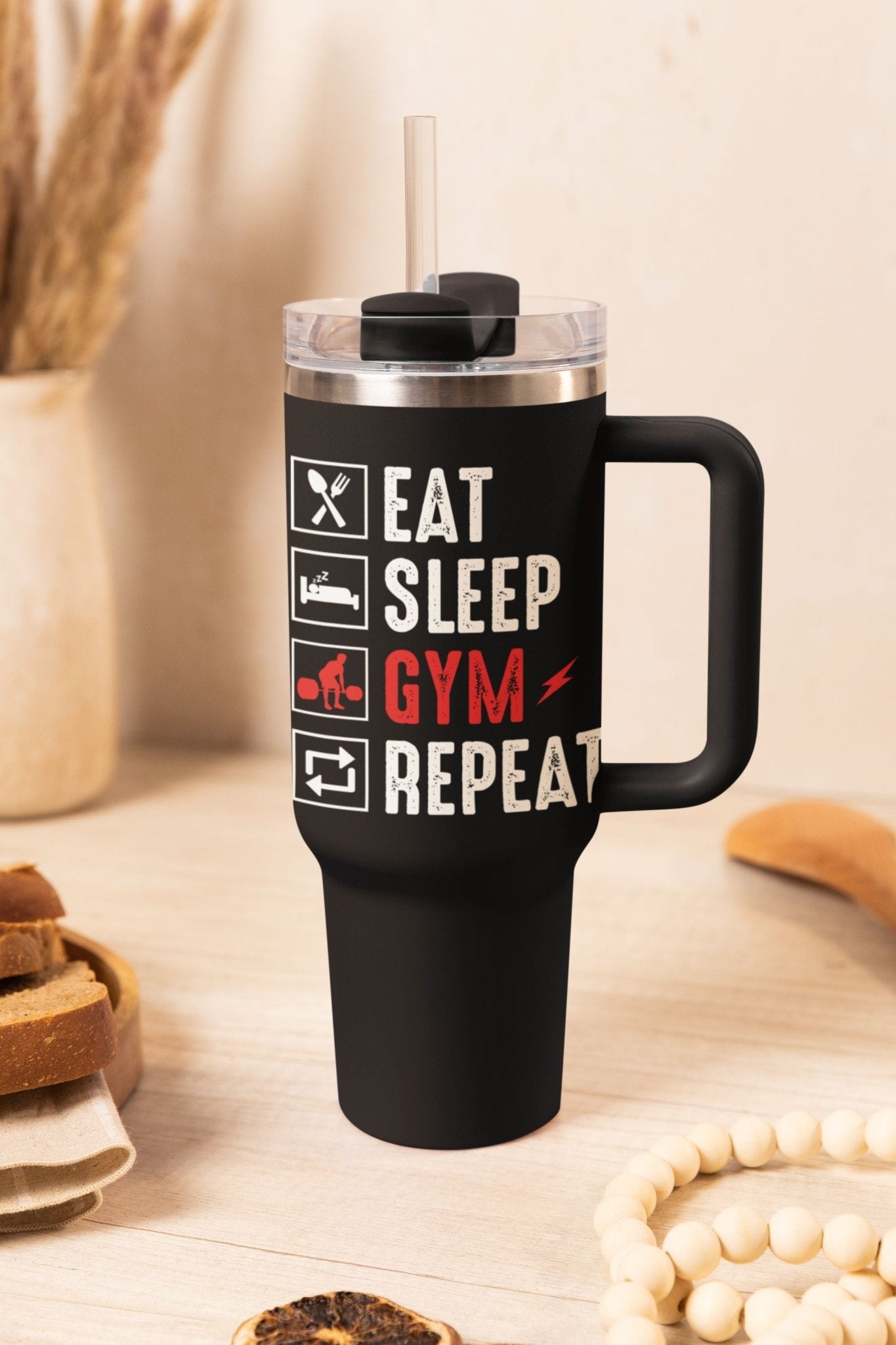 40 oz Gym Water Bottle / Tumbler with Straw and Handle - Eat, Sleep, Gym, Repeat