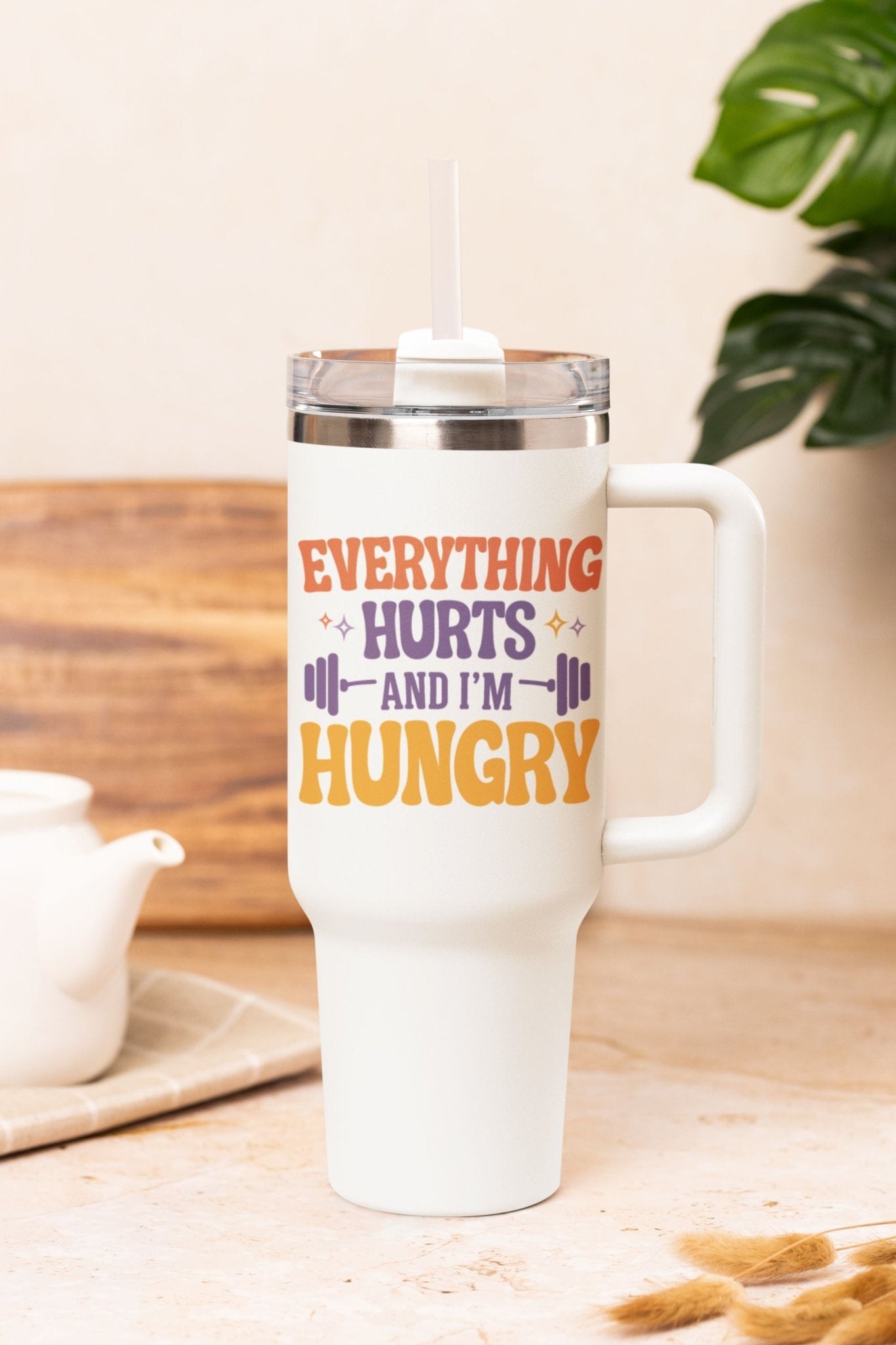 40 oz Gym Water Bottle / Tumbler with Straw and Handle - Everything Hurts and I'm Hungry