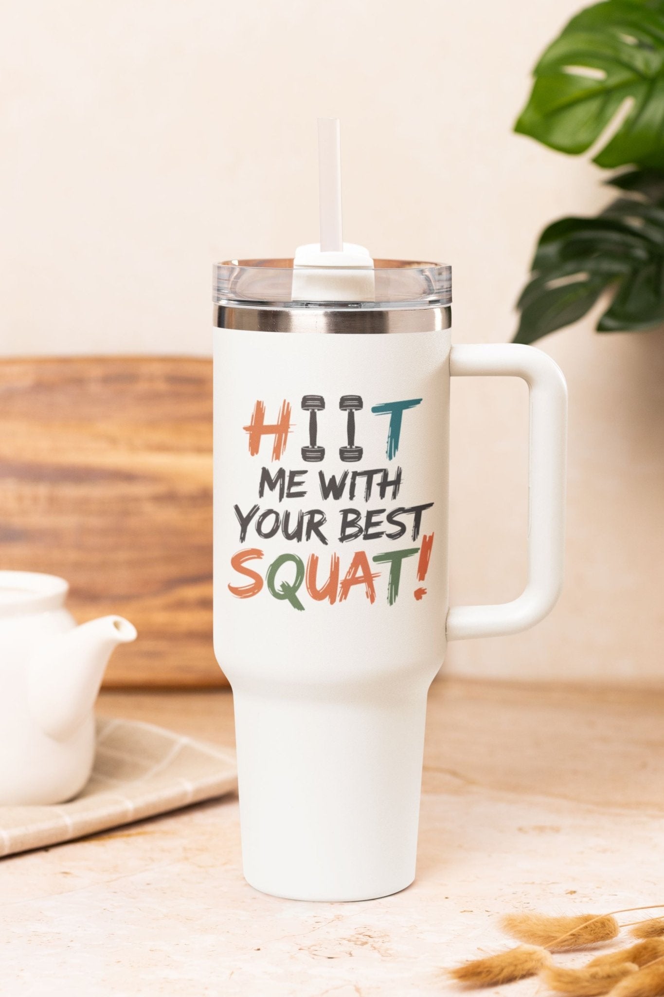40 oz Gym Water Bottle / Tumbler with Straw and Handle - Hiit Me with your Best Squat