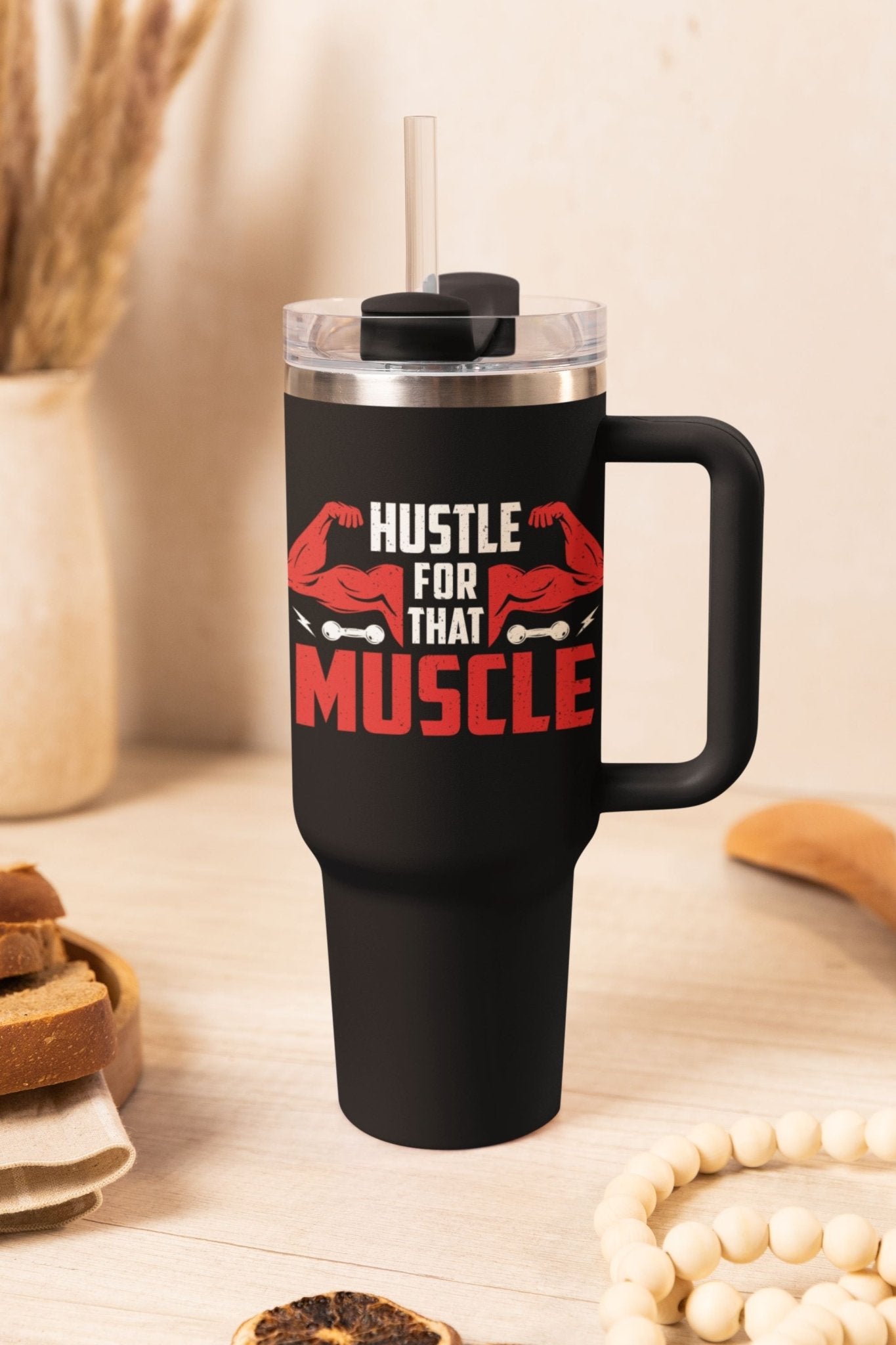 40 oz Gym Water Bottle / Tumbler with Straw and Handle - Hustle for the Muscle