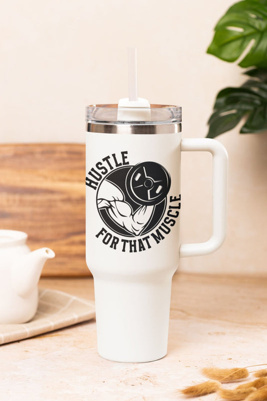 40 oz Gym Water Bottle / Tumbler with Straw and Handle - Hustle for the Muscle 2.0