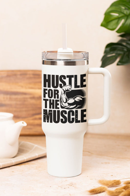 40 oz Gym Water Bottle / Tumbler with Straw and Handle - Hustle for the Muscle 3.0
