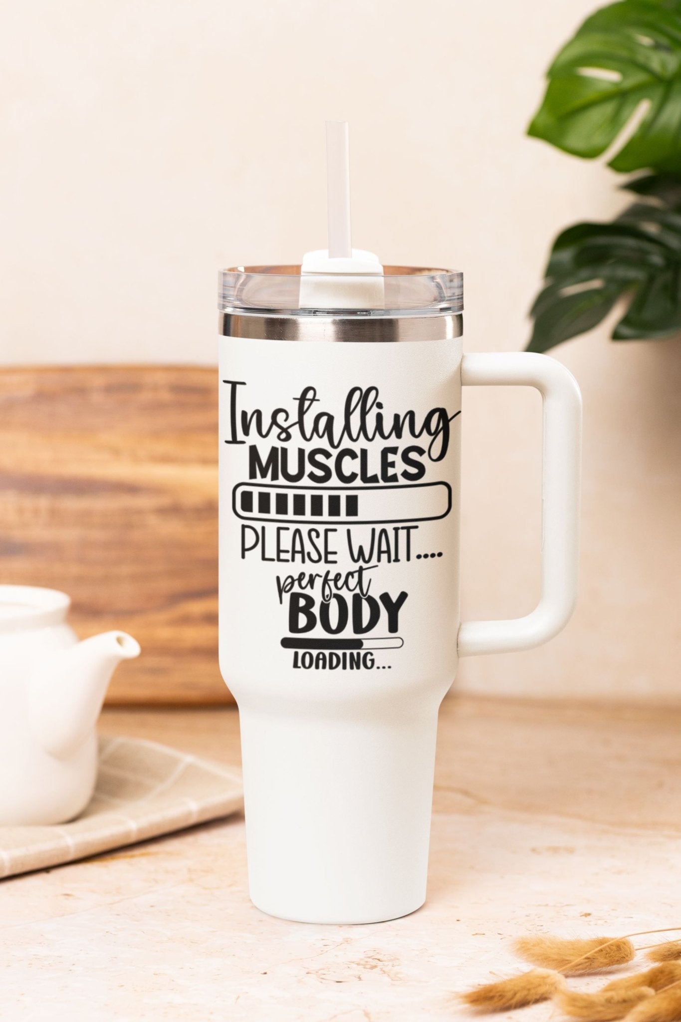 40 oz Gym Water Bottle / Tumbler with Straw and Handle - Installing Muscles Please Wait