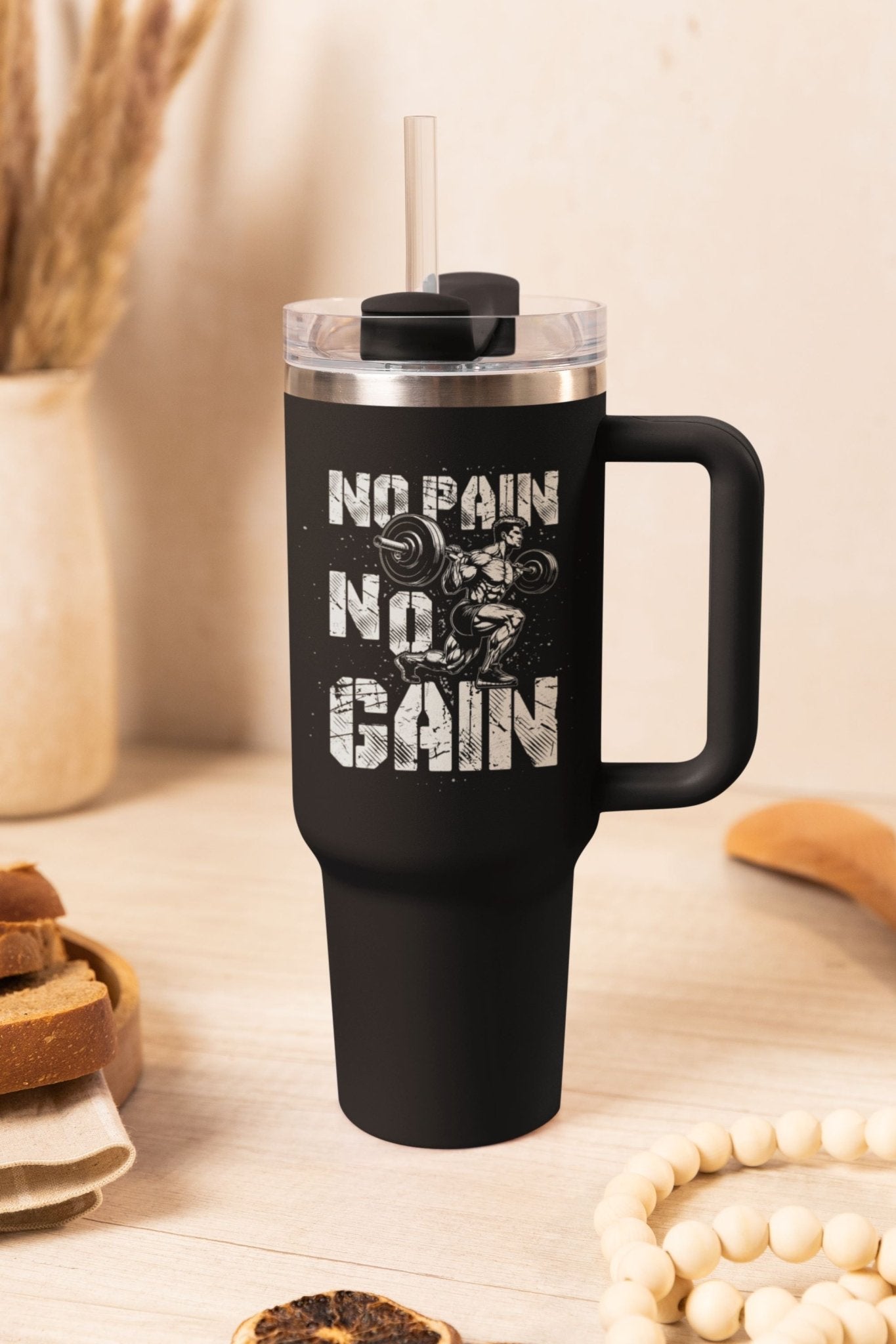 40 oz Gym Water Bottle / Tumbler with Straw and Handle - No Pain No Gain