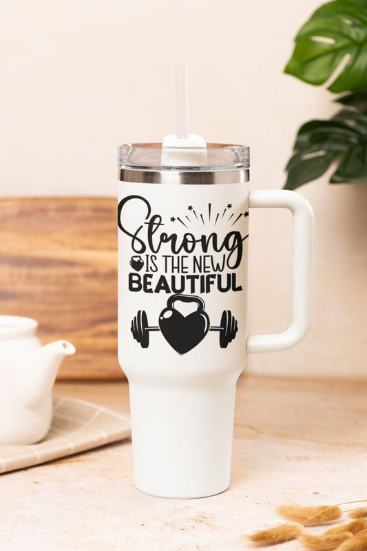 40 oz Gym Water Bottle / Tumbler with Straw and Handle - Strong is the New Beautiful