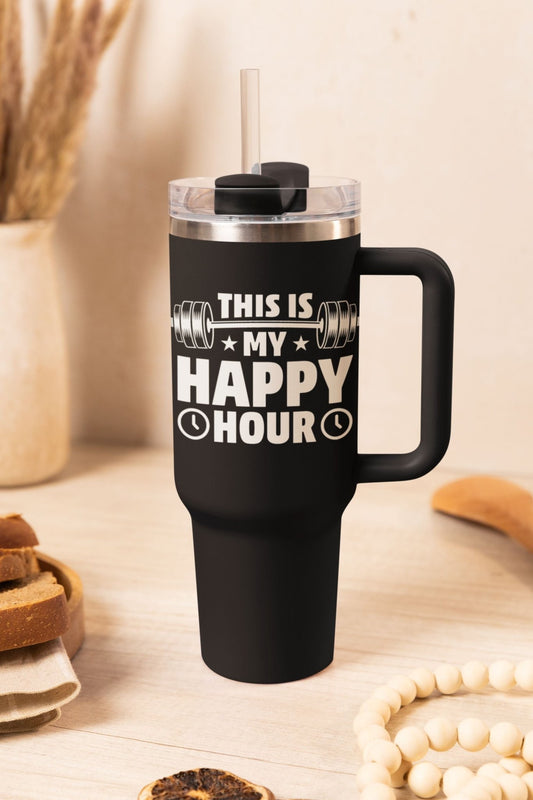 40 oz Gym Water Bottle / Tumbler with Straw and Handle - This is My Happy Hour