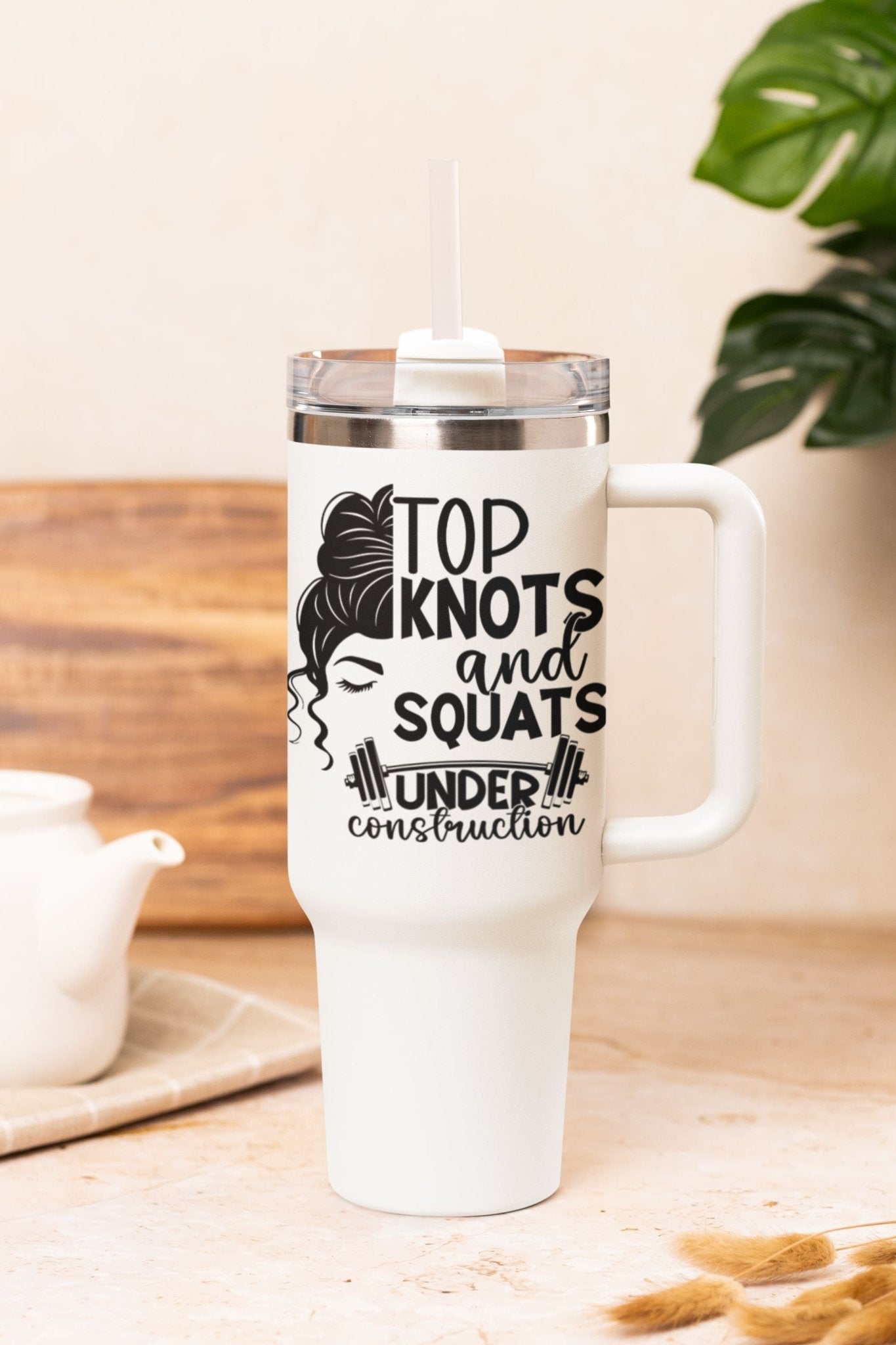 40 oz Gym Water Bottle / Tumbler with Straw and Handle - Top Knots and Squats