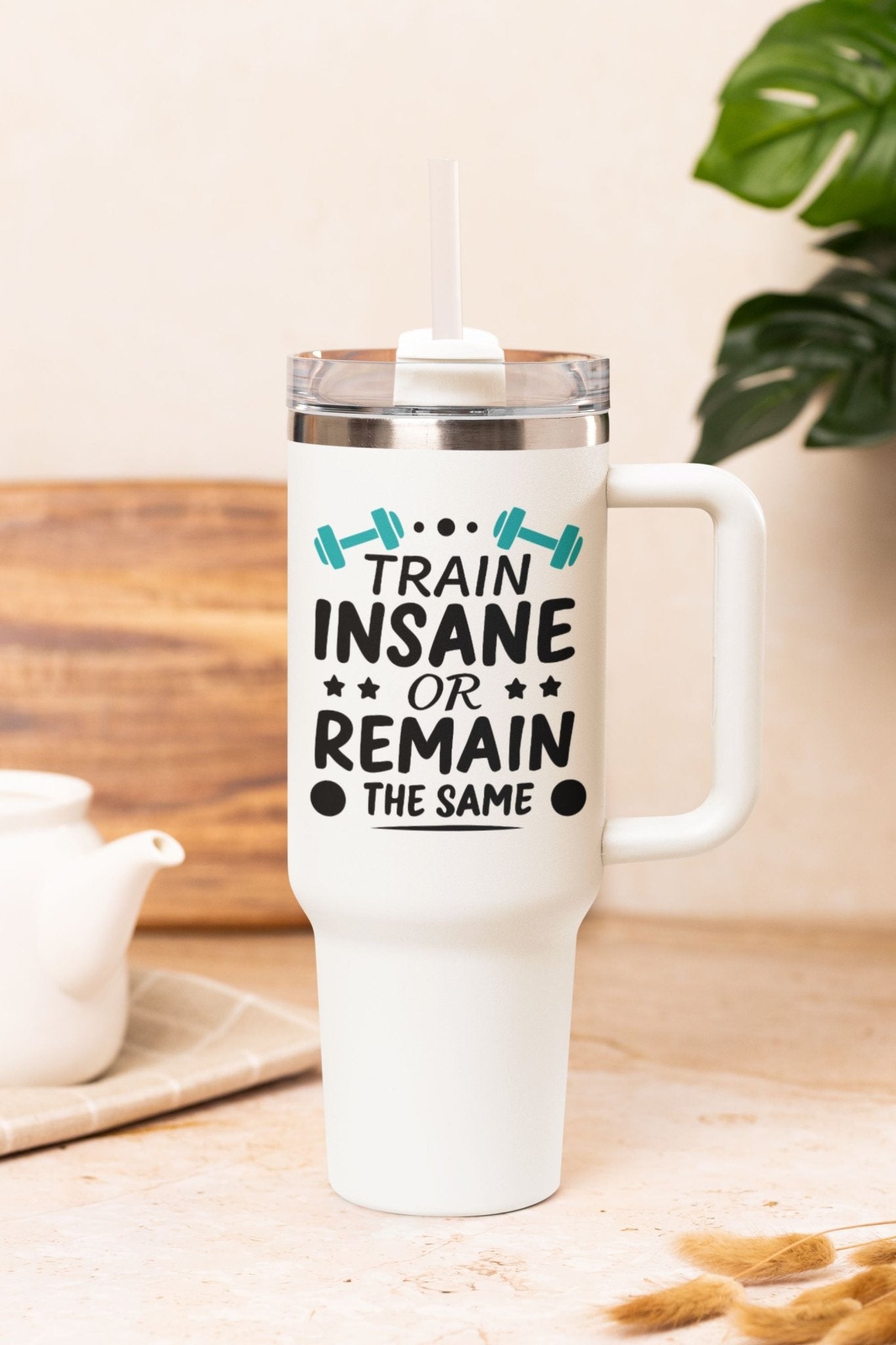 40 oz Gym Water Bottle / Tumbler with Straw and Handle - Train Insane or Remain The Same